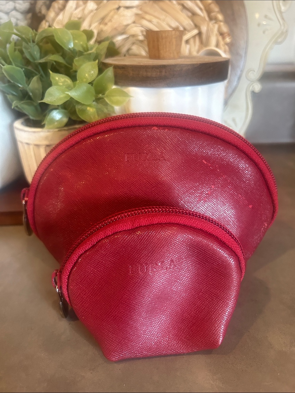 Furla Made in Italy Leather Red nesting Cosmetic Pouch set/2